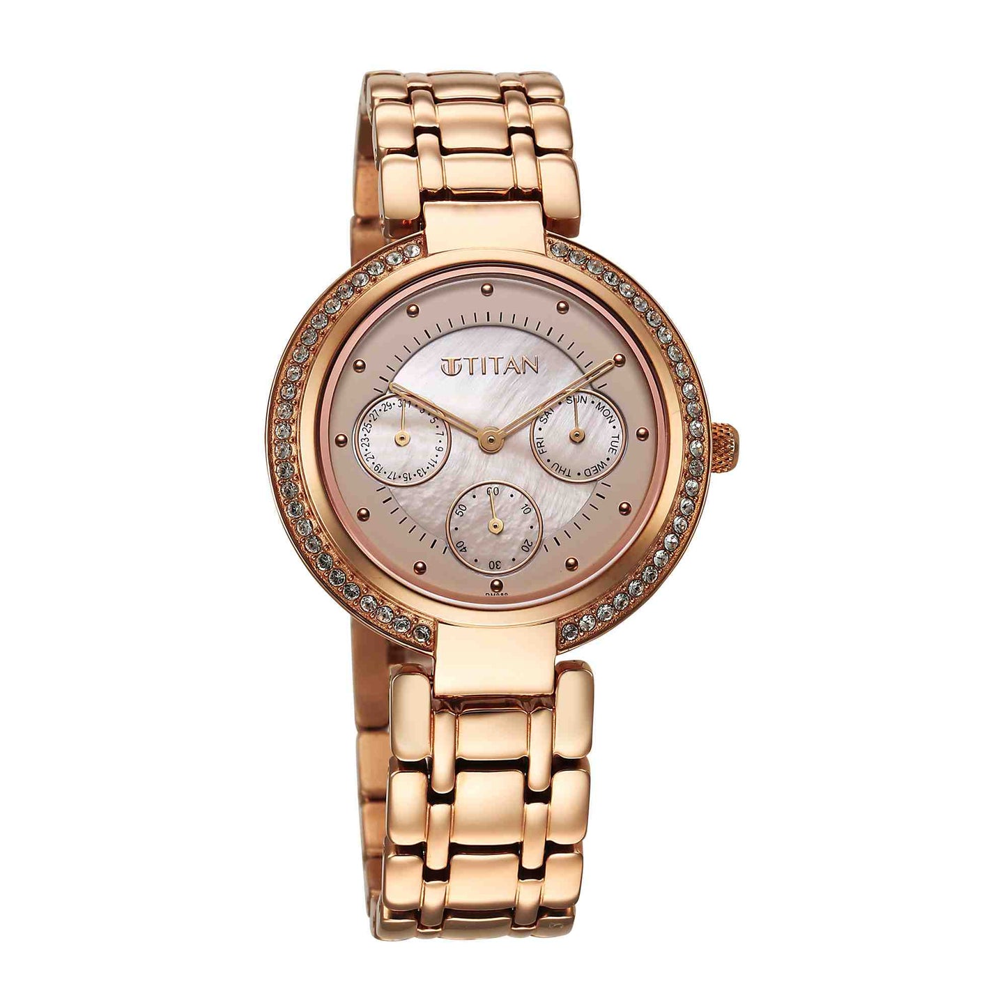 Titan Off White Dial Rose Gold Metal Strap Analog Quartz Watch for Women