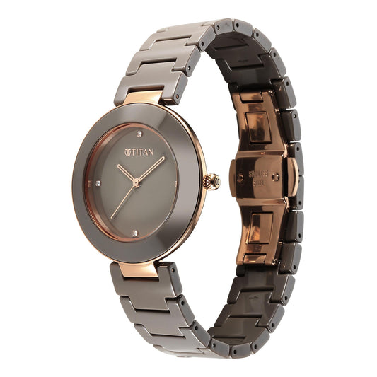 Titan Purple Ceramics Quartz Analog Brown Dial Ceramic Strap Watch for Women