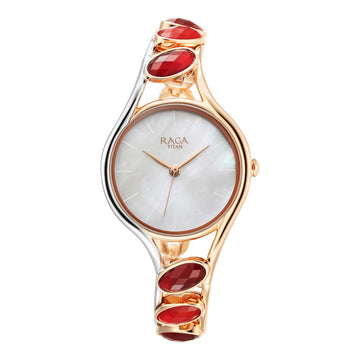 Titan Raga Mother of Pearl Dial Two Toned Metal Strap Analog Quartz Watch for Women
