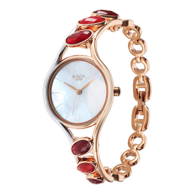 Titan Raga Mother of Pearl Dial Two Toned Metal Strap Analog Quartz Watch for Women
