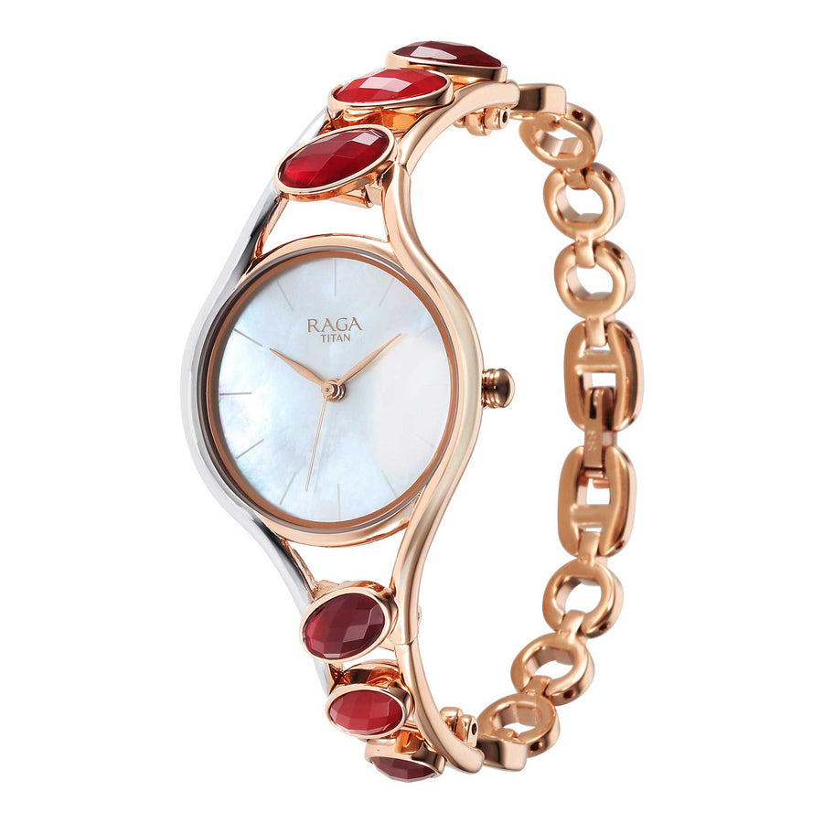 Titan Raga Mother of Pearl Dial Two Toned Metal Strap Analog Quartz Watch for Women