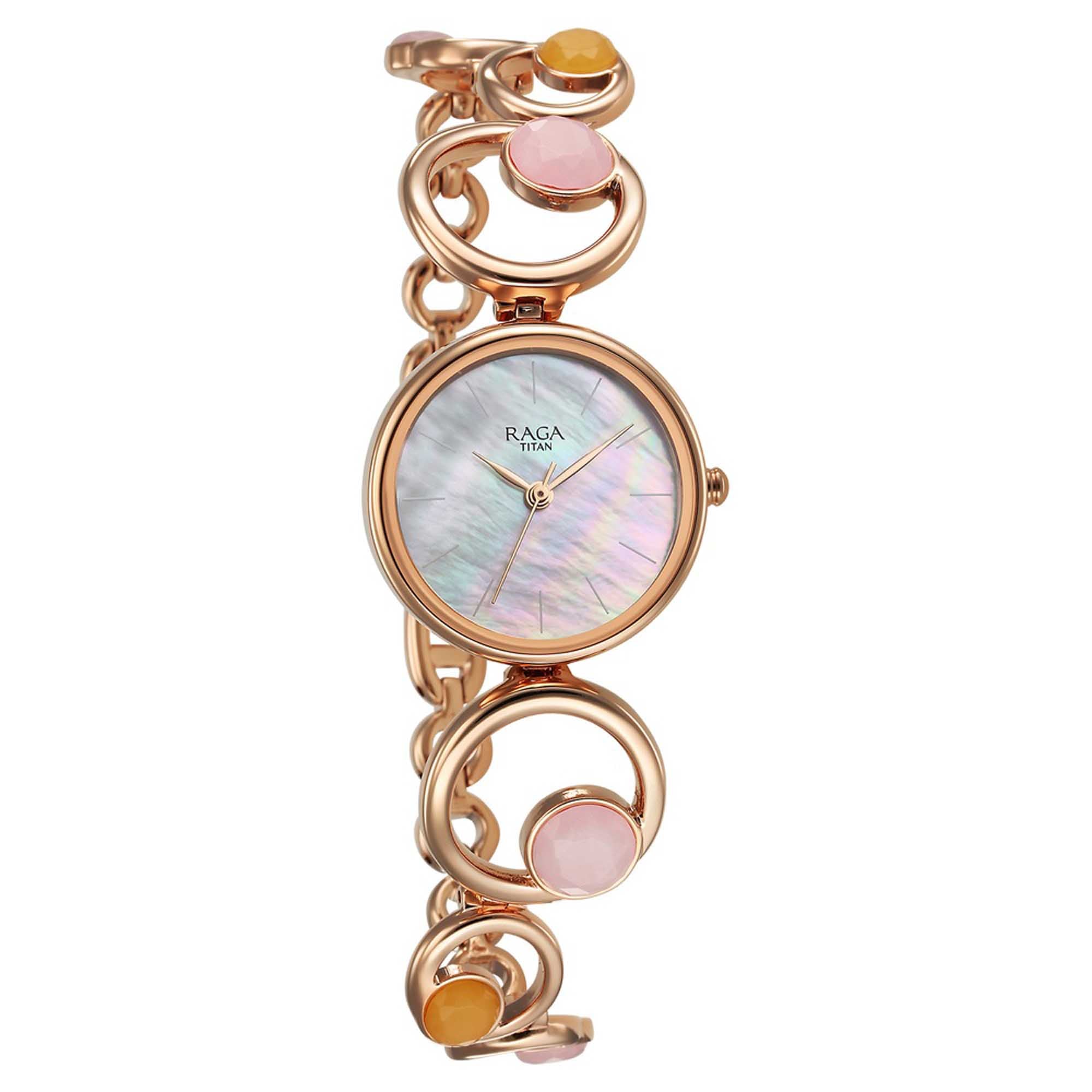 Titan Raga Mother Of Pearl Dial Rose Gold Metal Strap Analog Watch for Women
