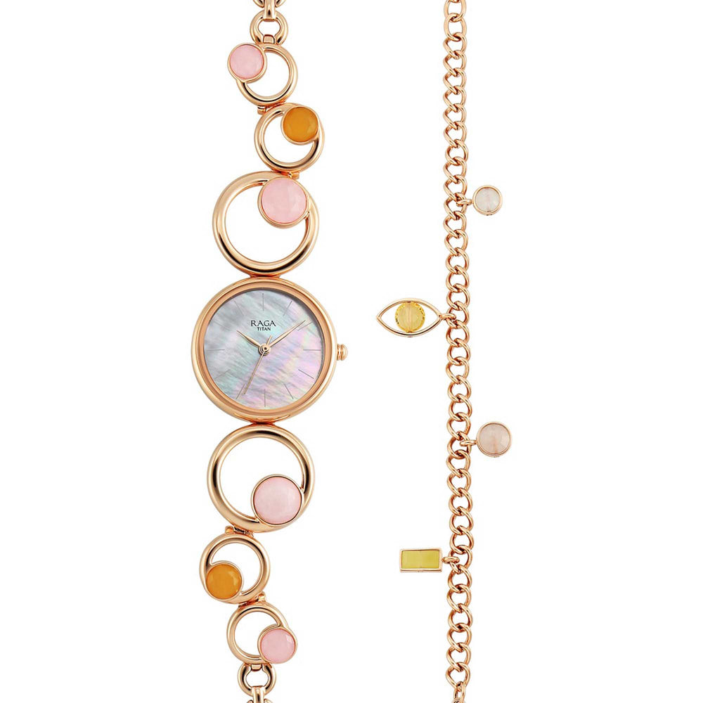 Titan Raga Mother Of Pearl Dial Rose Gold Metal Strap Analog Watch for Women
