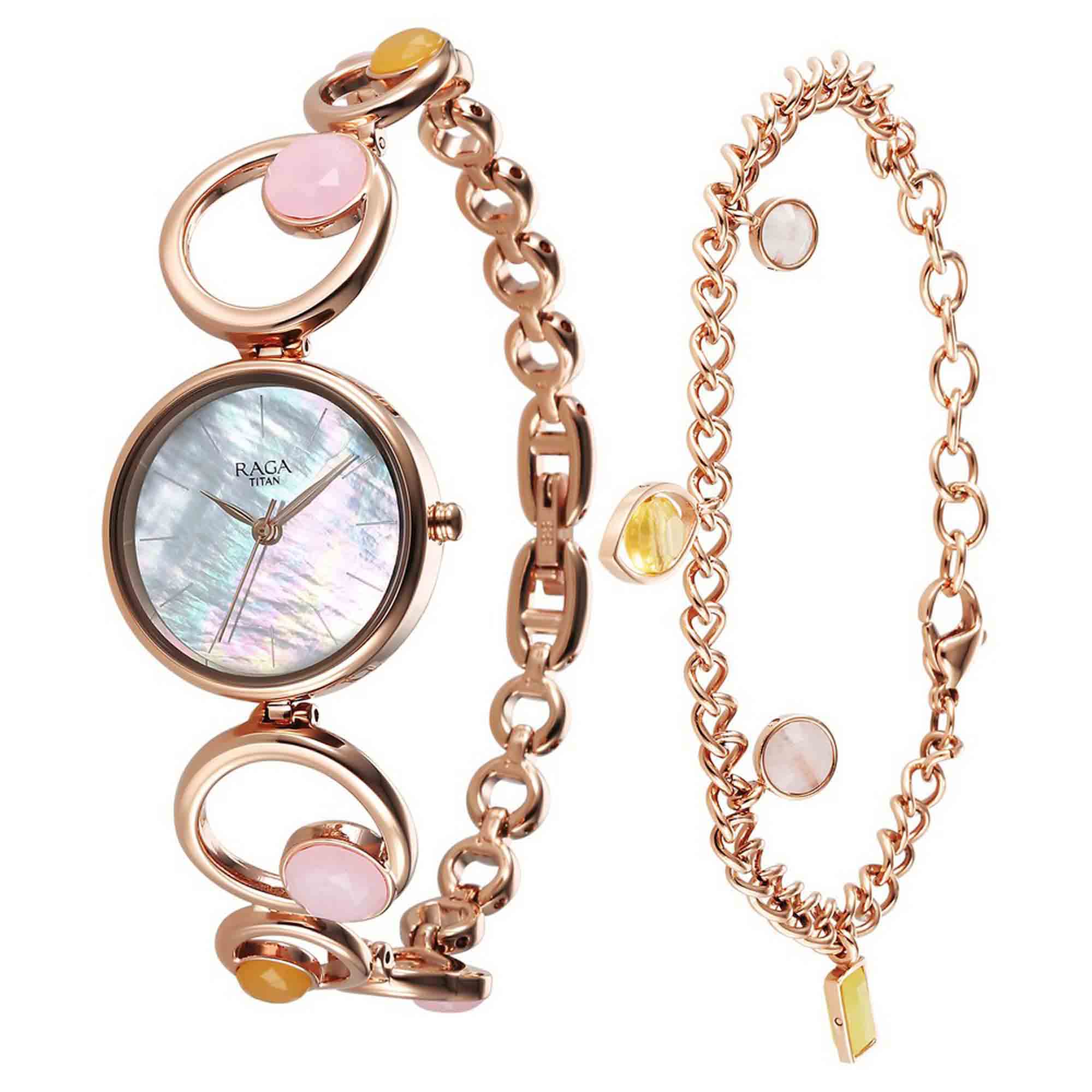 Titan Raga Mother Of Pearl Dial Rose Gold Metal Strap Analog Watch for Women