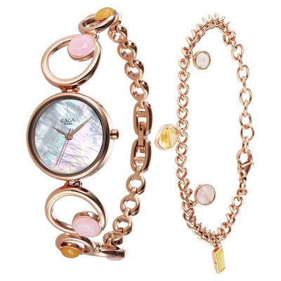 Titan Raga Mother Of Pearl Dial Rose Gold Metal Strap Analog Watch for Women