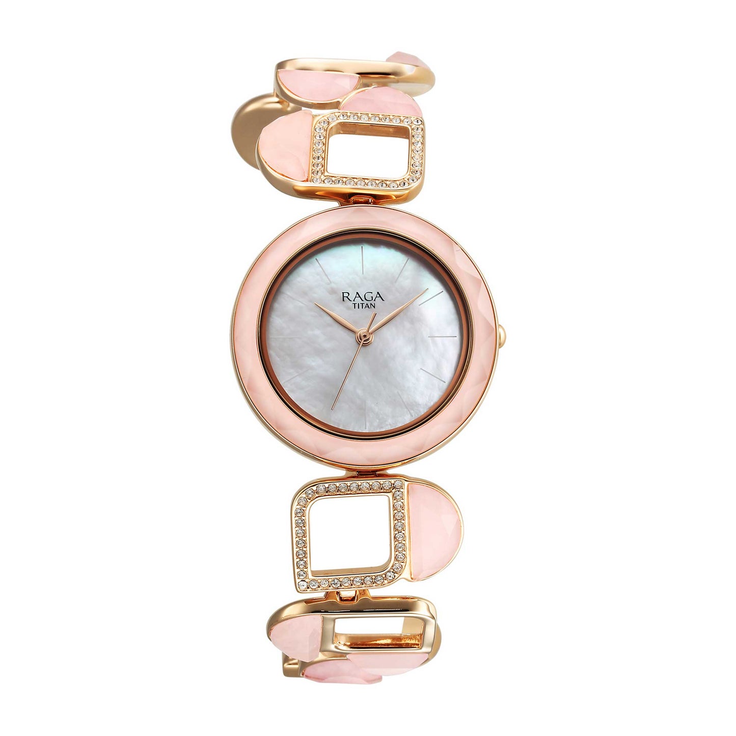 Titan Raga Mother Of Pearl Dial Rose Gold Metal Strap Analog Watch for Women