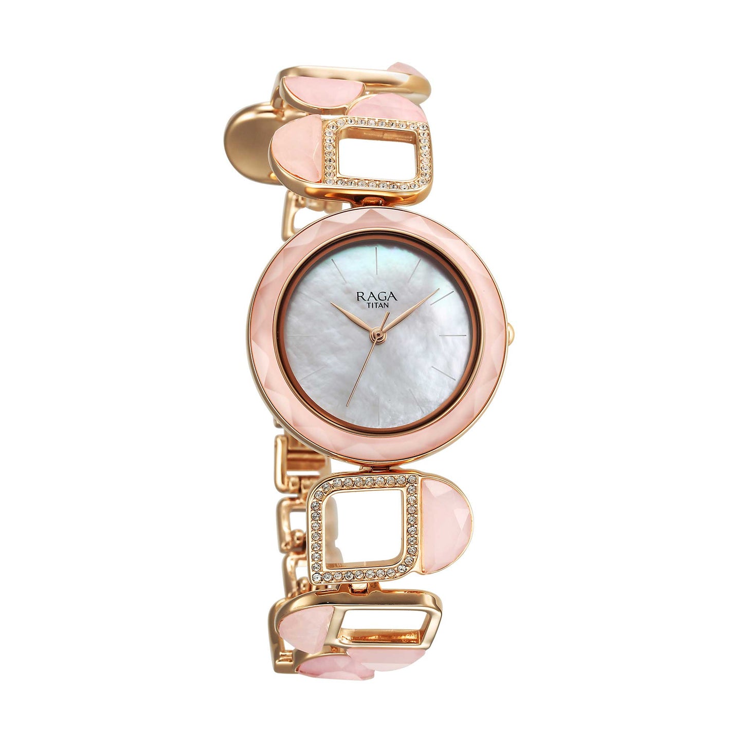 Titan Raga Mother Of Pearl Dial Rose Gold Metal Strap Analog Watch for Women
