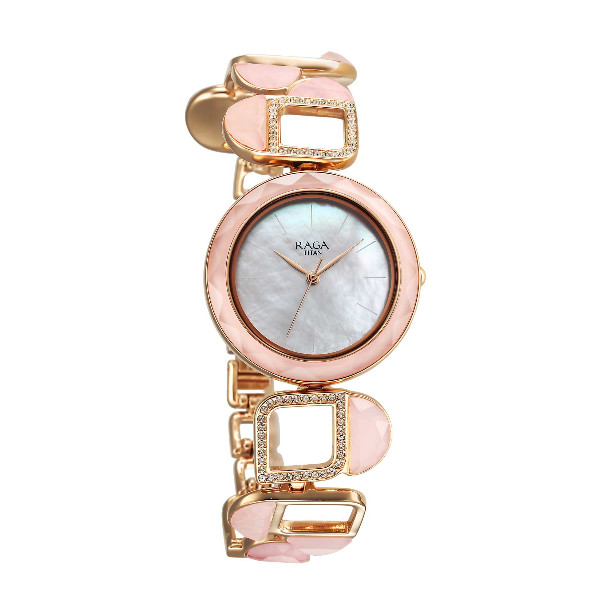 Titan Raga Mother Of Pearl Dial Rose Gold Metal Strap Analog Watch for Women
