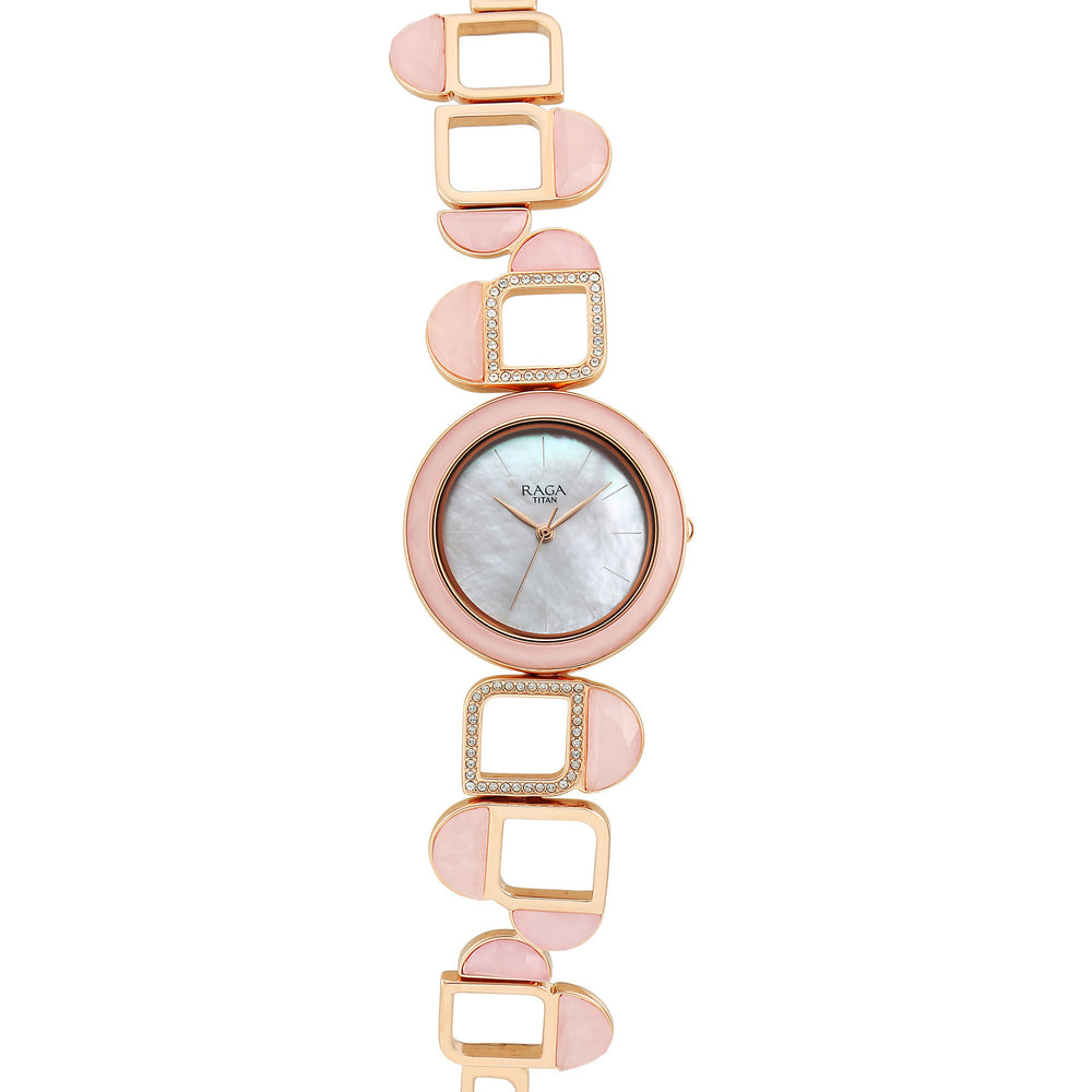 Titan Raga Mother Of Pearl Dial Rose Gold Metal Strap Analog Watch for Women