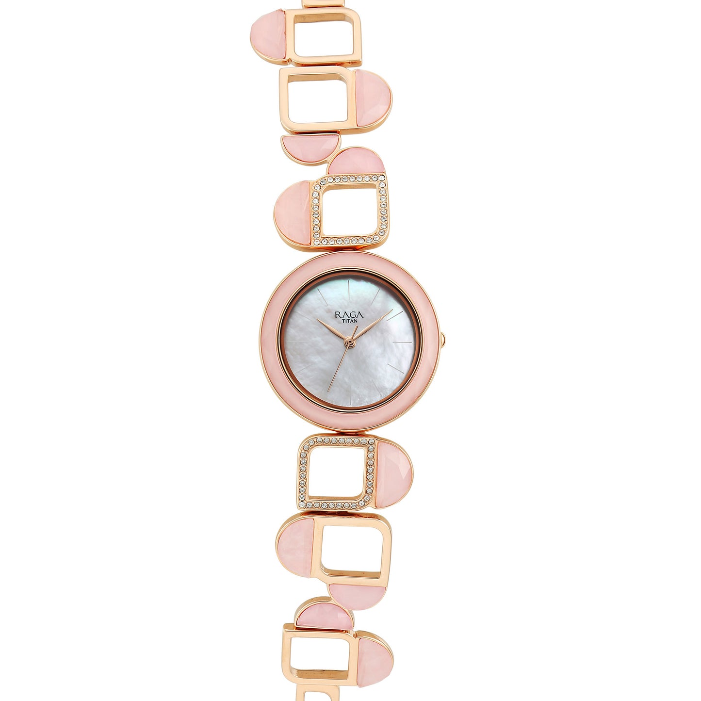 Titan Raga Mother Of Pearl Dial Rose Gold Metal Strap Analog Watch for Women