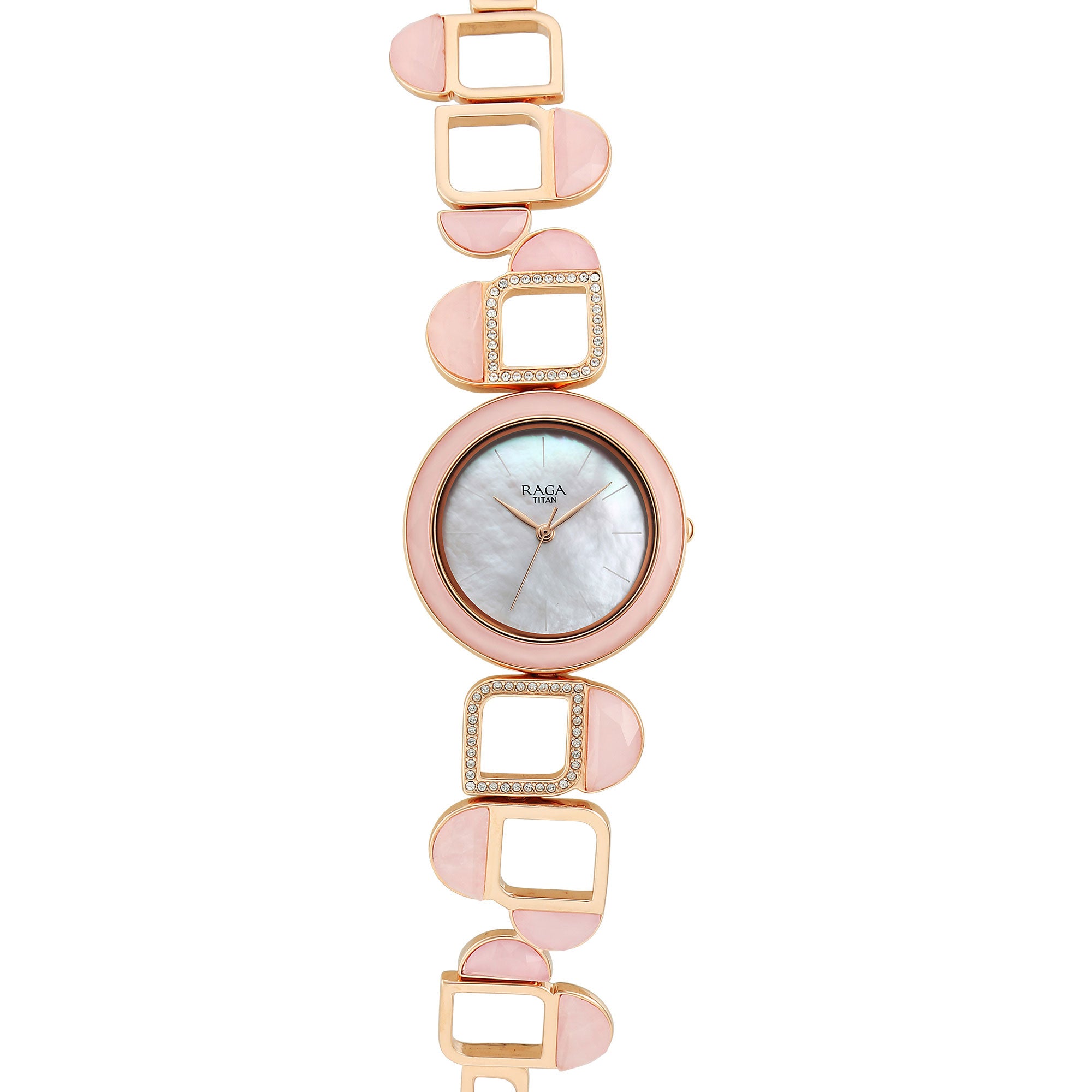 Titan Raga Mother Of Pearl Dial Rose Gold Metal Strap Analog Watch for Women