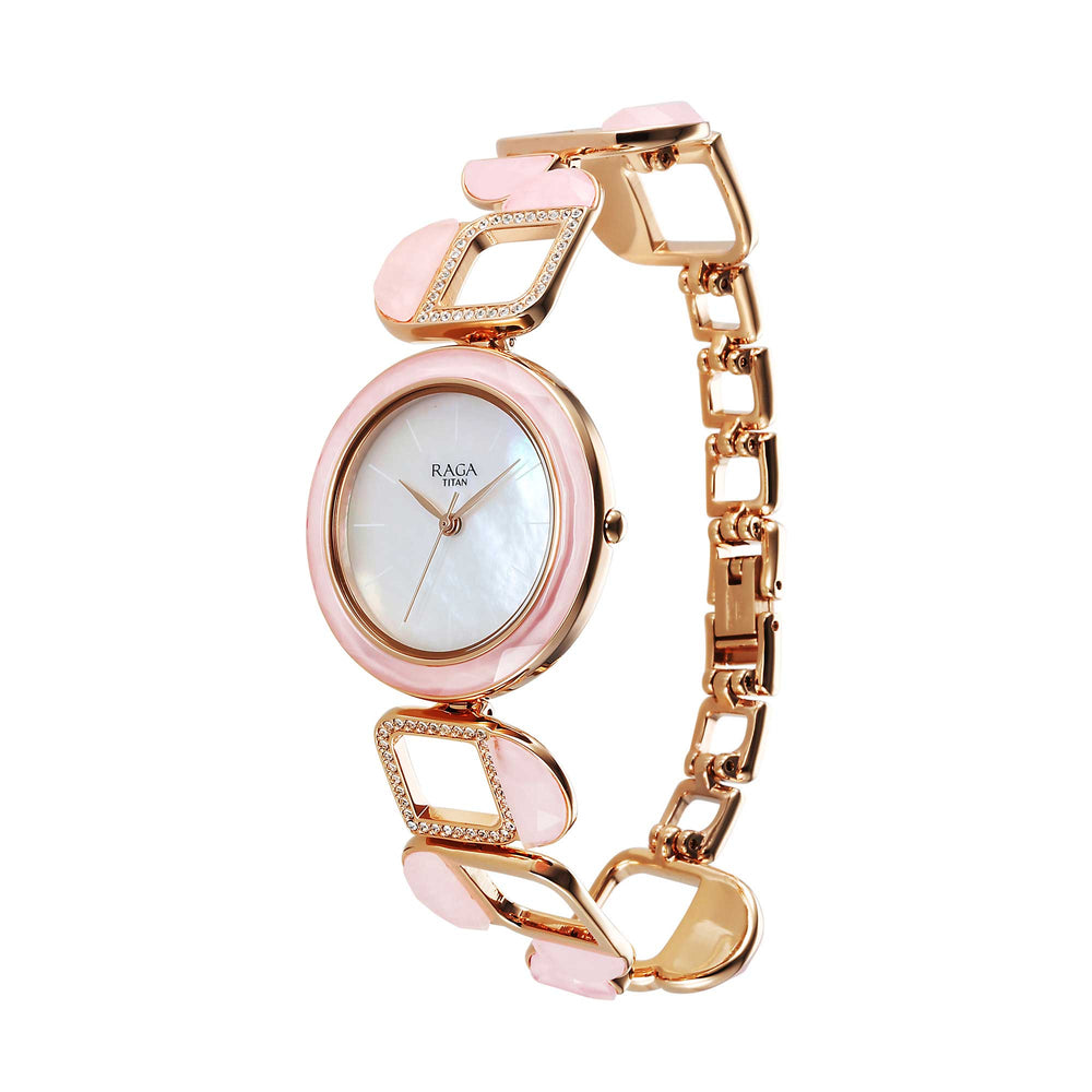 Titan Raga Mother Of Pearl Dial Rose Gold Metal Strap Analog Watch for Women