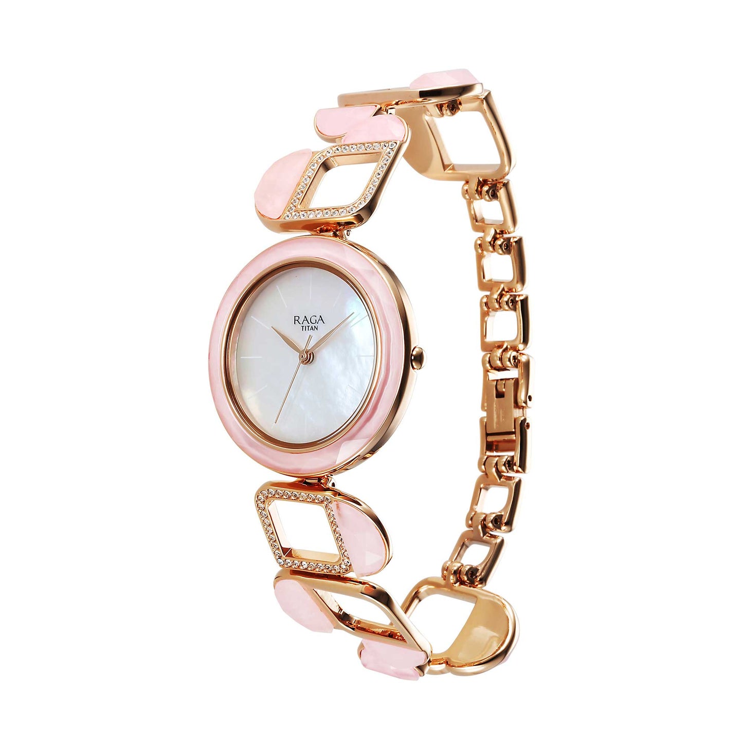 Titan Raga Mother Of Pearl Dial Rose Gold Metal Strap Analog Watch for Women