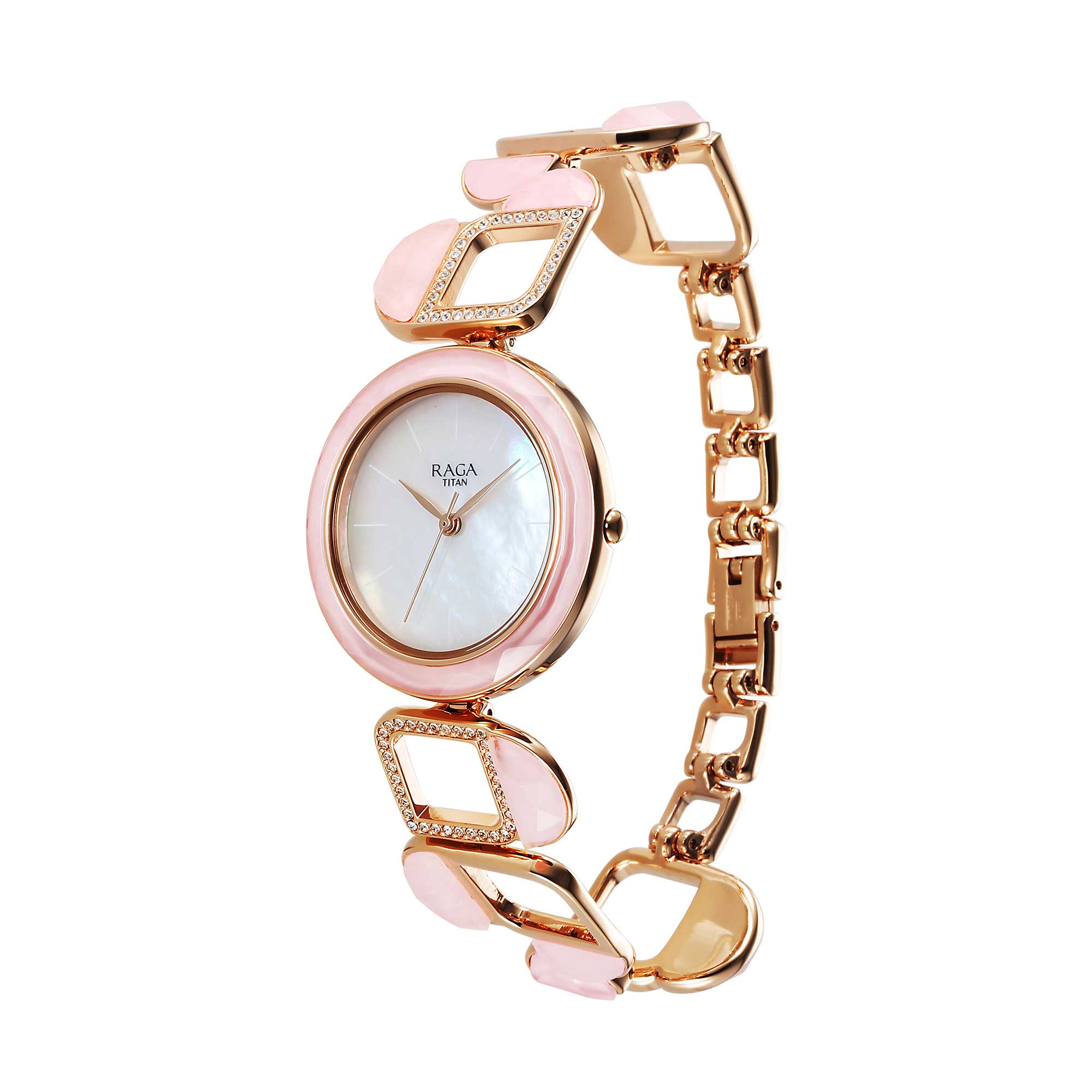 Titan Raga Mother Of Pearl Dial Rose Gold Metal Strap Analog Watch for Women