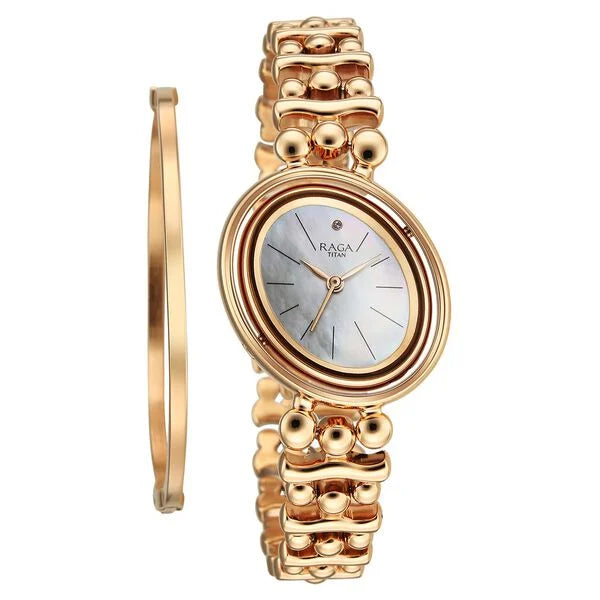 Titan Raga Glimmers Mother of Pearl Dial Rose Gold Metal Strap Analog Watch for Women