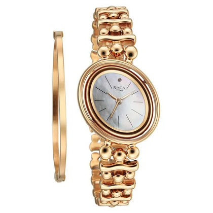 Titan Raga Glimmers Quartz Analog Mother of Pearl Dial Rose Gold Metal Strap Watch For Women