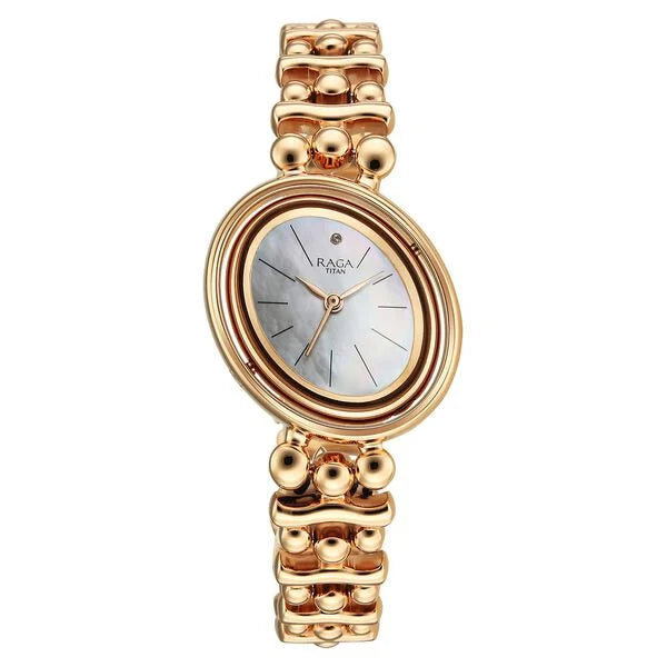 Titan Raga Glimmers Mother of Pearl Dial Rose Gold Metal Strap Analog Watch for Women