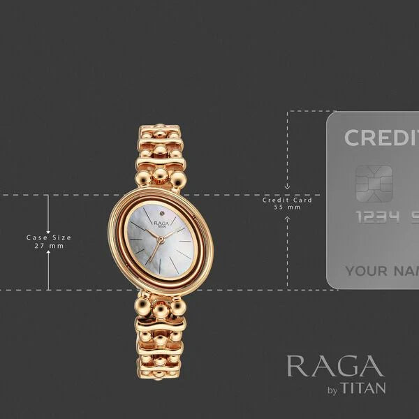 Titan Raga Glimmers Mother of Pearl Dial Rose Gold Metal Strap Analog Watch for Women