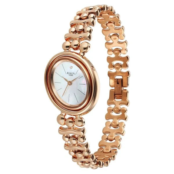 Titan Raga Glimmers Mother of Pearl Dial Rose Gold Metal Strap Analog Watch for Women