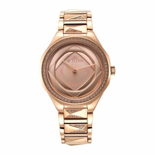 Titan Purple Glitz Rose Gold Dial Analog Stainless Steel Strap Watch for Women
