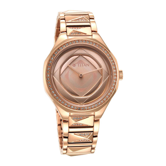 Titan Purple Glitz Rose Gold Dial Analog Stainless Steel Strap Watch for Women