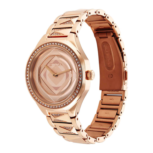 Titan Purple Glitz Rose Gold Dial Analog Stainless Steel Strap Watch for Women