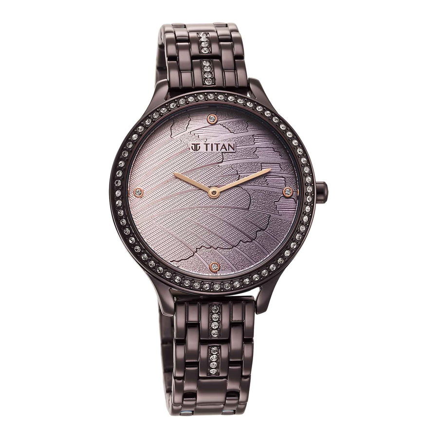 Titan Glitz Purple Dial Analog Stainless Steel Strap Watch for Women