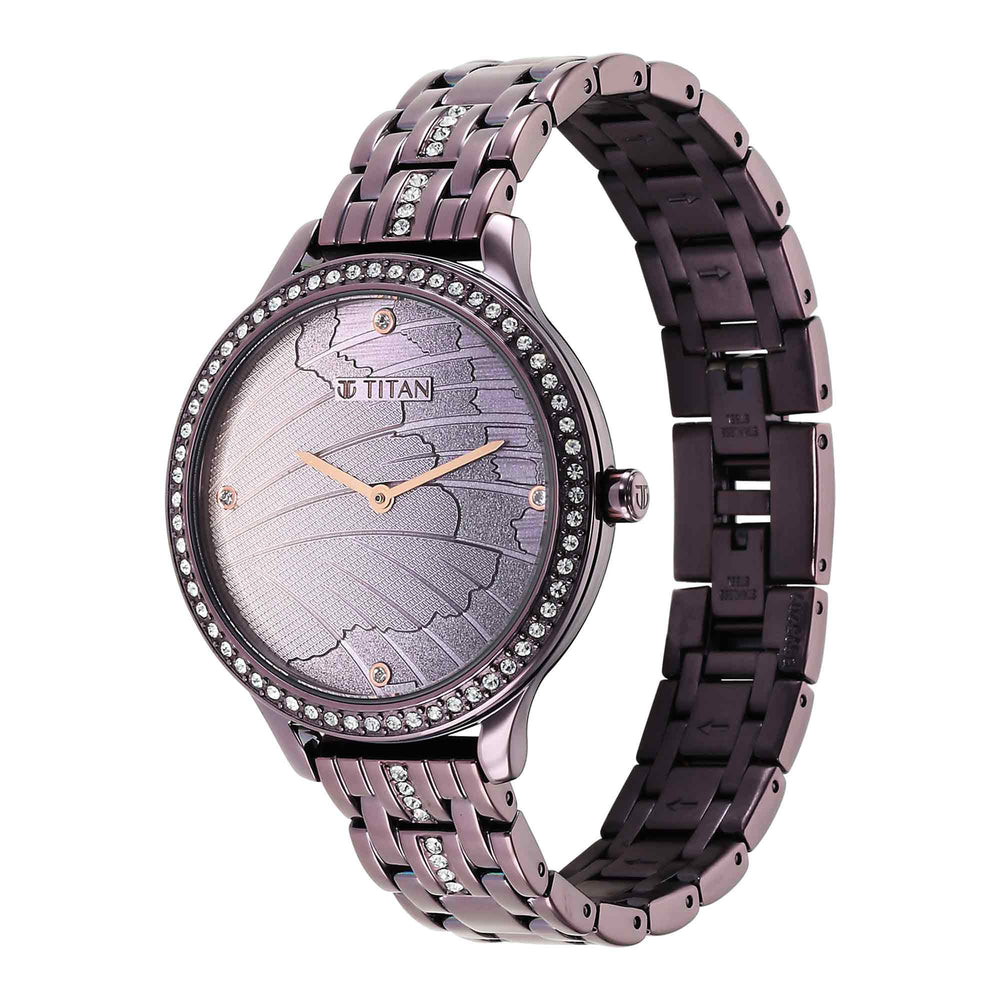 Titan Glitz Purple Dial Analog Stainless Steel Strap Watch for Women