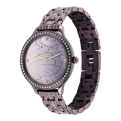 Titan Glitz Purple Dial Analog Stainless Steel Strap Watch for Women