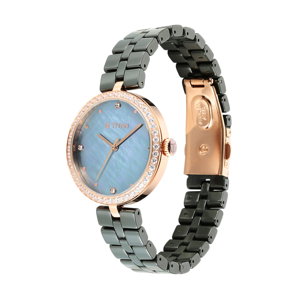 Titan Mother of Pearl Dial Green Ceramic Strap Analog Watch for Women