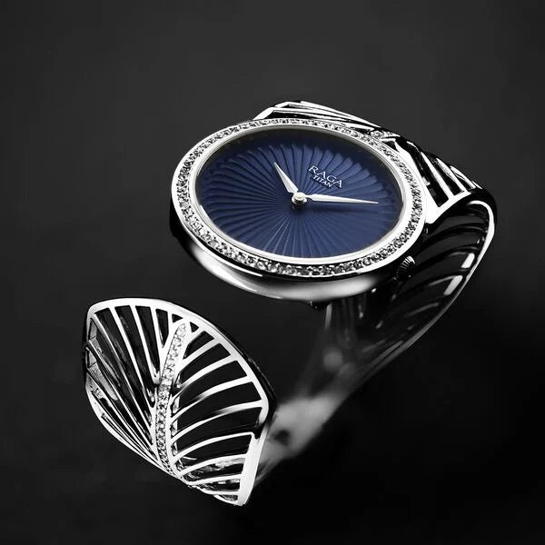 Titan Raga Blue Dial Sterling Silver Metal Strap Analog Watch for Women