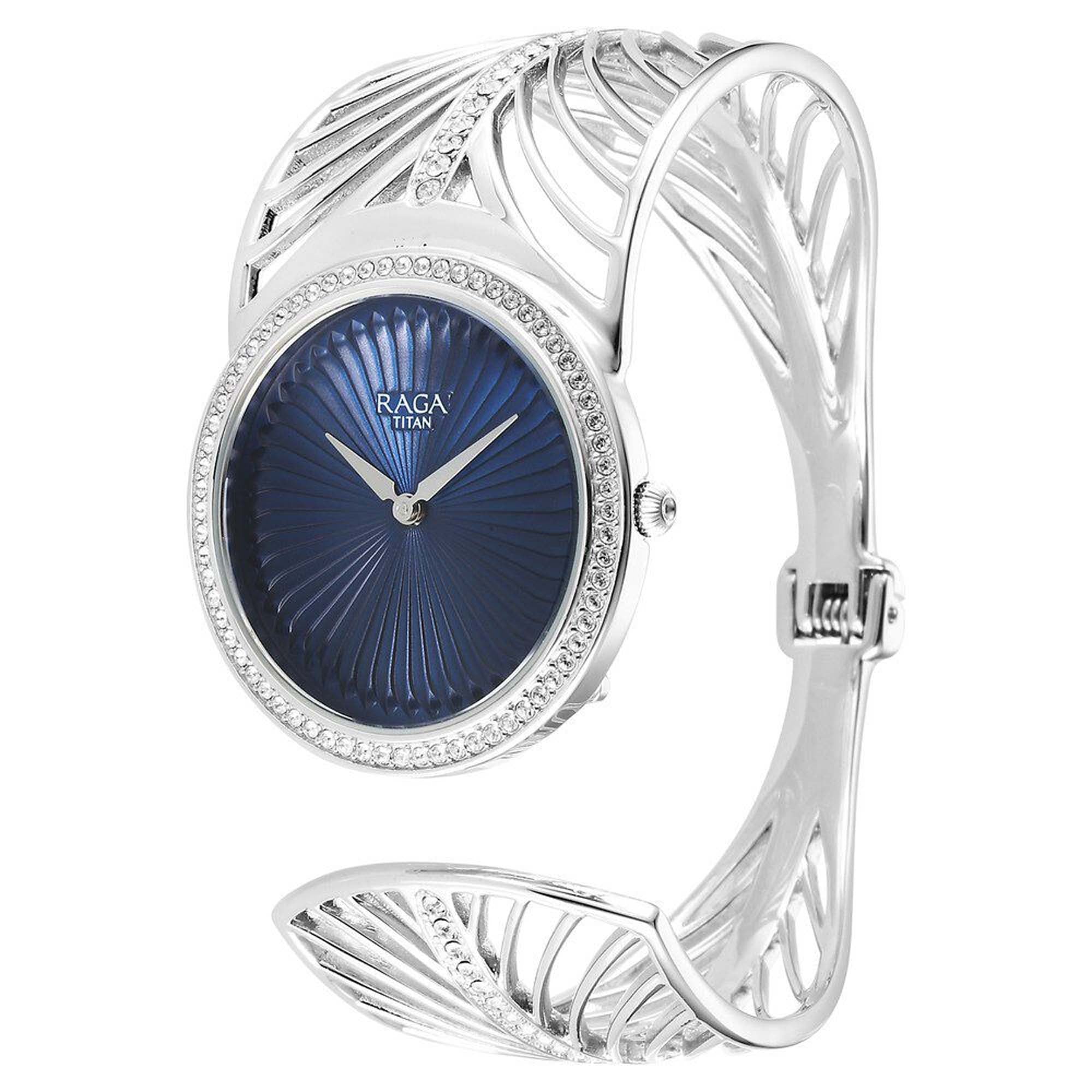 Titan Raga Blue Dial Sterling Silver Metal Strap Analog Watch for Women