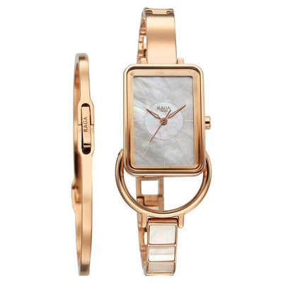 Titan Raga Mother of Pearl Rectangular Dial Rose Gold Metal Strap Analog Quartz Watch for Women