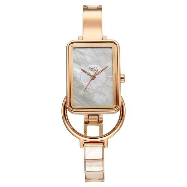 Titan Raga Mother of Pearl Rectangular Dial Rose Gold Metal Strap Analog Quartz Watch for Women