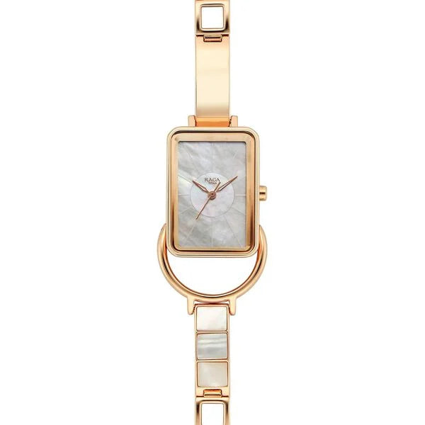 Titan Raga Mother of Pearl Rectangular Dial Rose Gold Metal Strap Analog Quartz Watch for Women