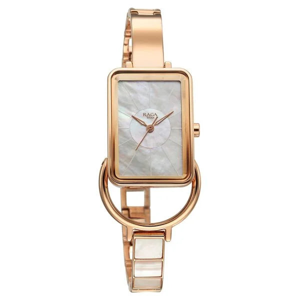 Titan Raga Mother of Pearl Rectangular Dial Rose Gold Metal Strap Analog Quartz Watch for Women