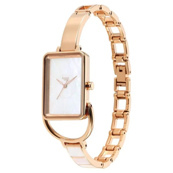 Titan Raga Mother of Pearl Rectangular Dial Rose Gold Metal Strap Analog Quartz Watch for Women