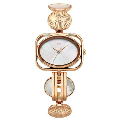 Titan Raga Mother Of Pearl Rectangle Dial Rose Gold Metal Strap Analog Watch for Women