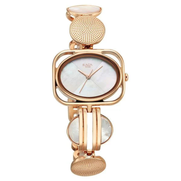 Titan Raga Mother Of Pearl Rectangle Dial Rose Gold Metal Strap Analog Watch for Women