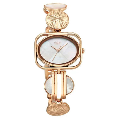 Titan Raga Mother Of Pearl Rectangle Dial Rose Gold Metal Strap Analog Watch for Women