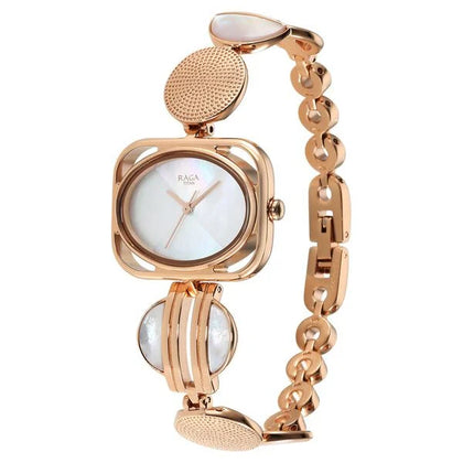 Titan Raga Mother Of Pearl Rectangle Dial Rose Gold Metal Strap Analog Watch for Women