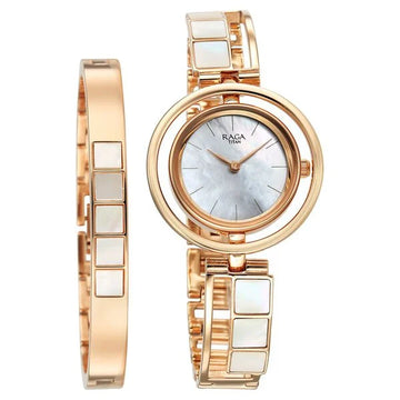 Titan Raga White Mother of Pearl Dial Rose Gold Metal Strap Analog Quartz Watch for Women