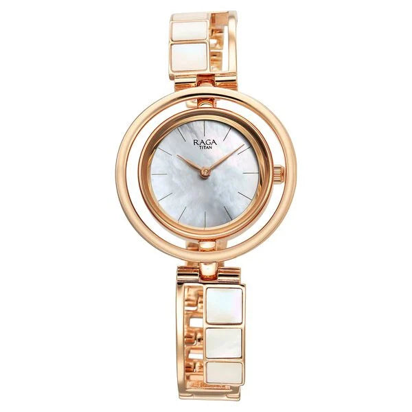 Titan Raga White Mother of Pearl Dial Rose Gold Metal Strap Analog Quartz Watch for Women