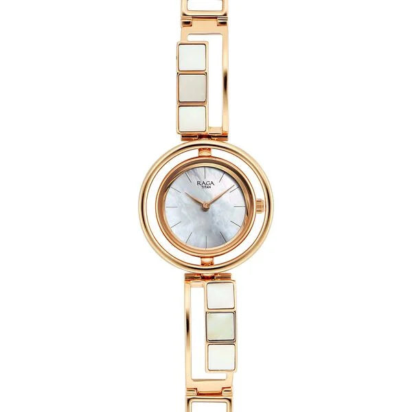 Titan Raga White Mother of Pearl Dial Rose Gold Metal Strap Analog Quartz Watch for Women