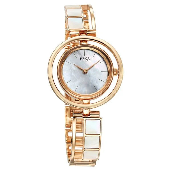 Titan Raga White Mother of Pearl Dial Rose Gold Metal Strap Analog Quartz Watch for Women