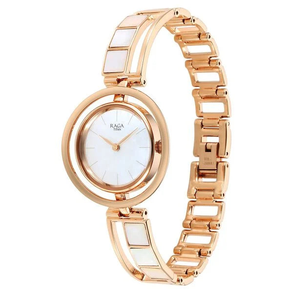Titan Raga White Mother of Pearl Dial Rose Gold Metal Strap Analog Quartz Watch for Women