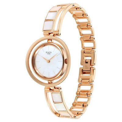 Titan Raga Mother of Pearl Dial Rose Gold Metal Strap Analog Quartz Watch for Women