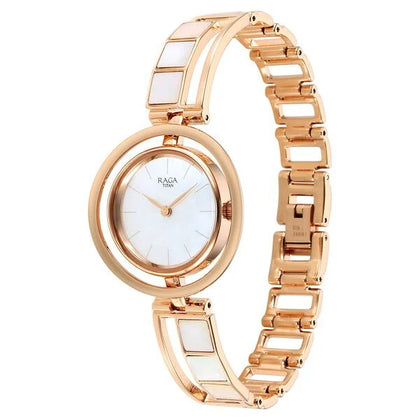 Titan Raga Mother of Pearl Dial Rose Gold Metal Strap Analog Quartz Watch for Women