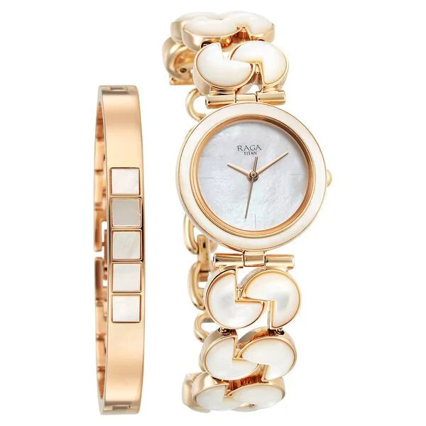 Titan Raga White Mother of Pearl Dial Rose Gold Metal Strap Analog Quartz Watch for Women