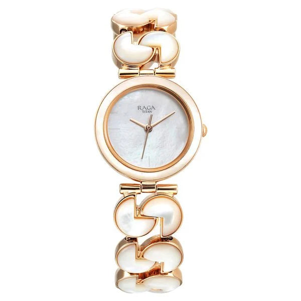 Titan Raga White Mother of Pearl Dial Rose Gold Metal Strap Analog Quartz Watch for Women